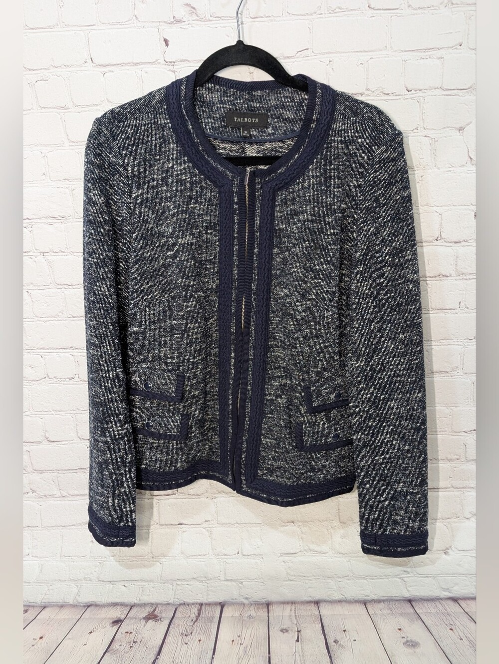 Talbots Navy & White  Round-Neck Zip Sweater